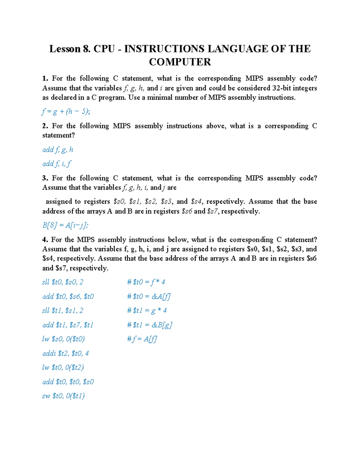 Lesson 7. CPU Definitions and Performance Analysis Exercise - Studocu