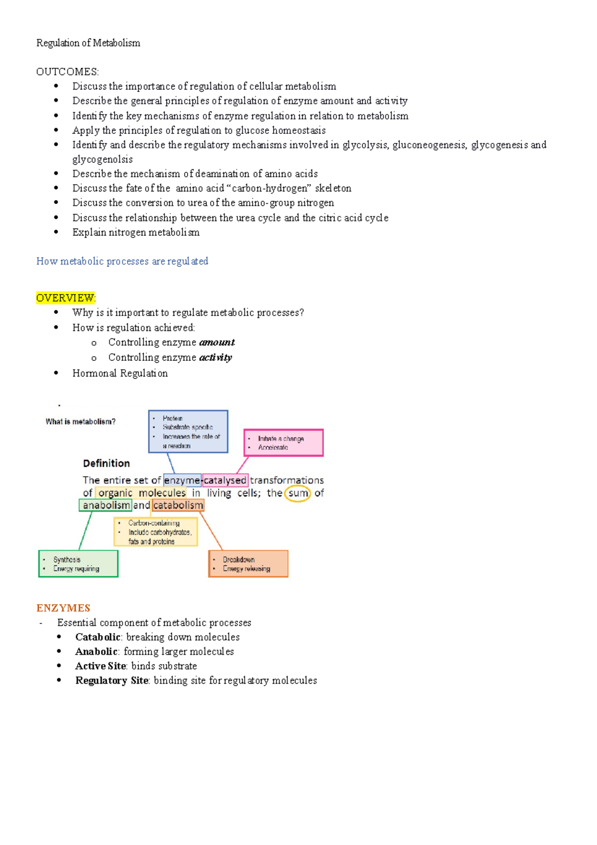 BMS1011 Notes: Regulation of Metabolism and Enzyme Function - Document Preview