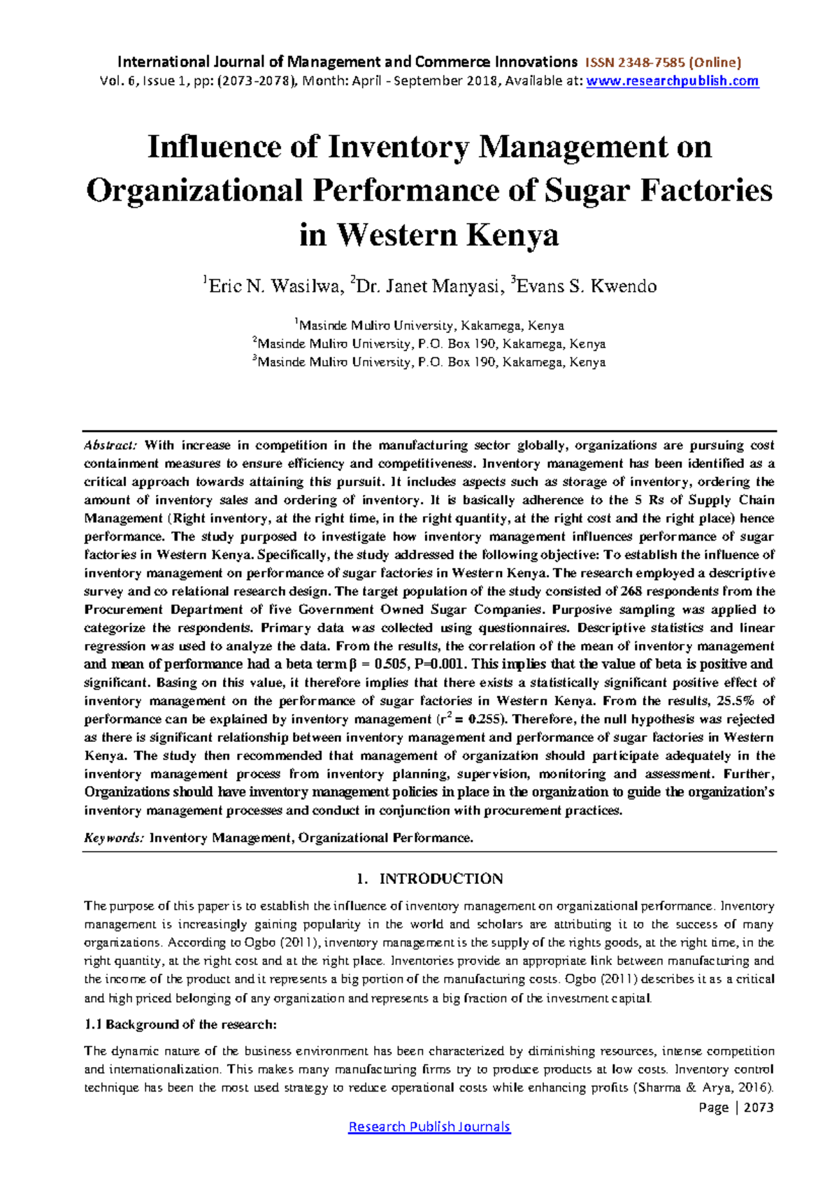 Influence of Inventory Management on Sugar Factory Performance in Kenya ...