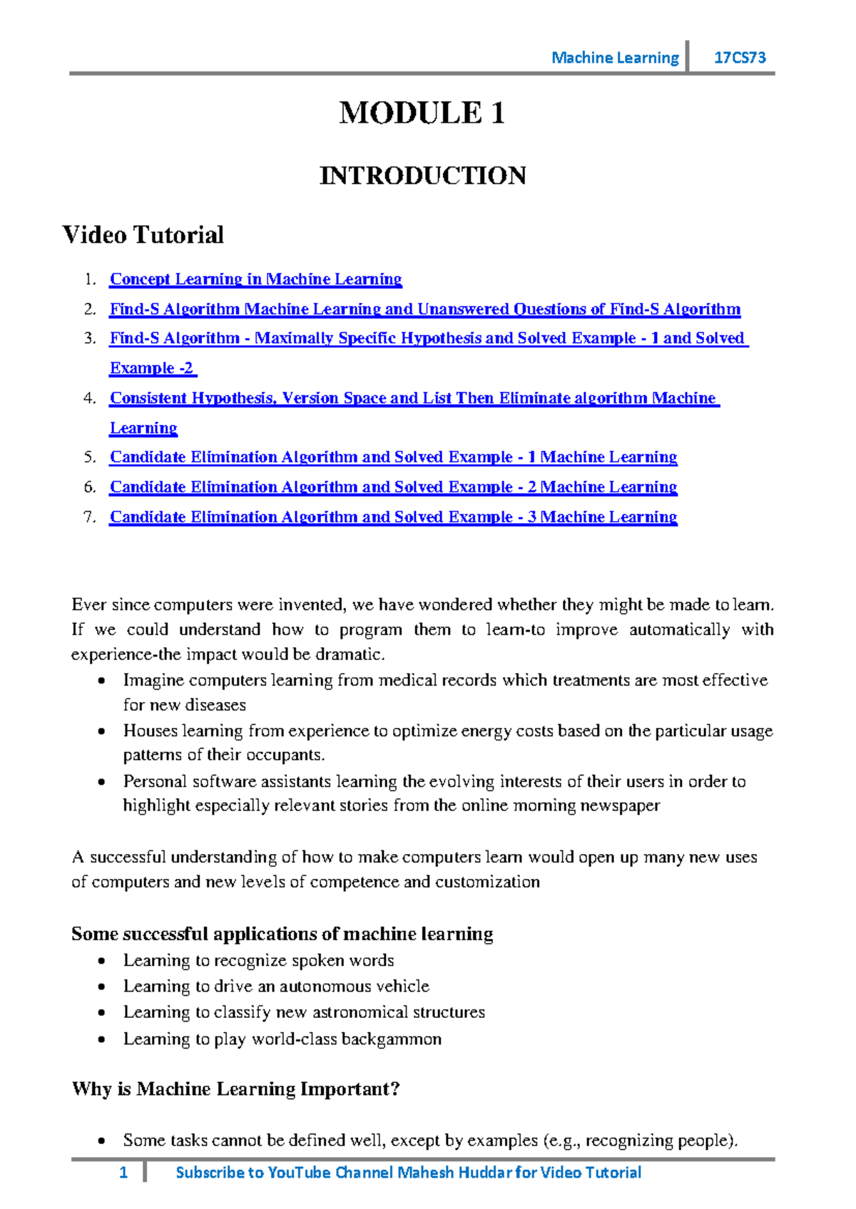 B.Tech ML Study Materials: Key Notes on Algorithms & Concepts - Studocu