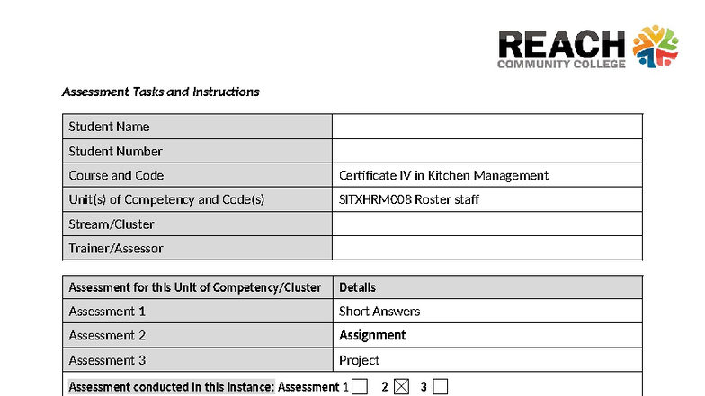 SITXHRM008 Assessment 2 - Staff Roster Assignment and Guidelines - Studocu