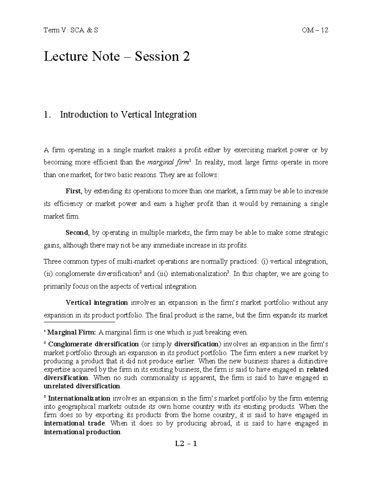 Term V: SCA S OM 12 Lecture Notes on Vertical Integration - Studocu