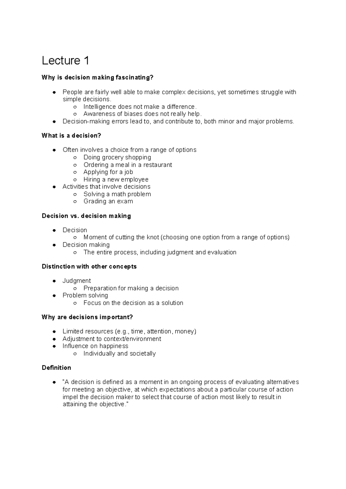 Lecture 1: Understanding Decision Making and Its Complexities - Studeersnel