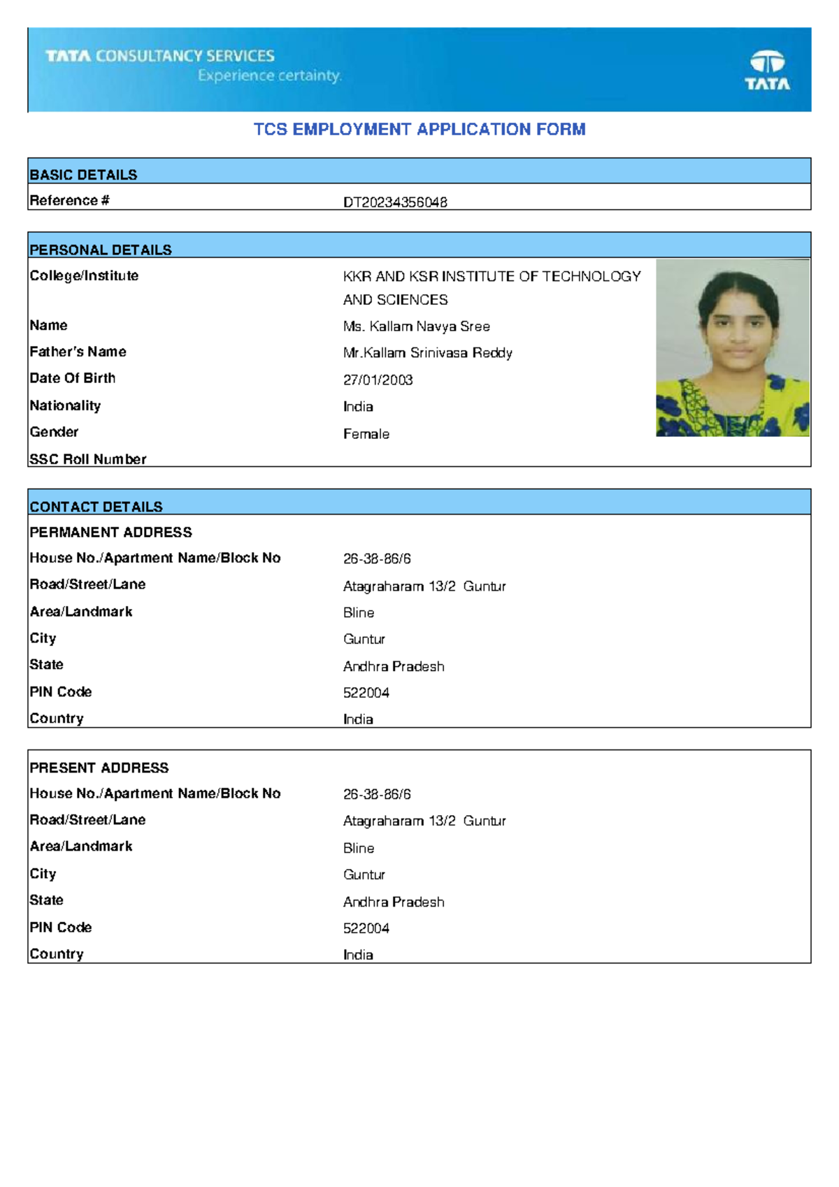 TCS Employment Application Form - Ms. Kallam Navya Sree - Studocu