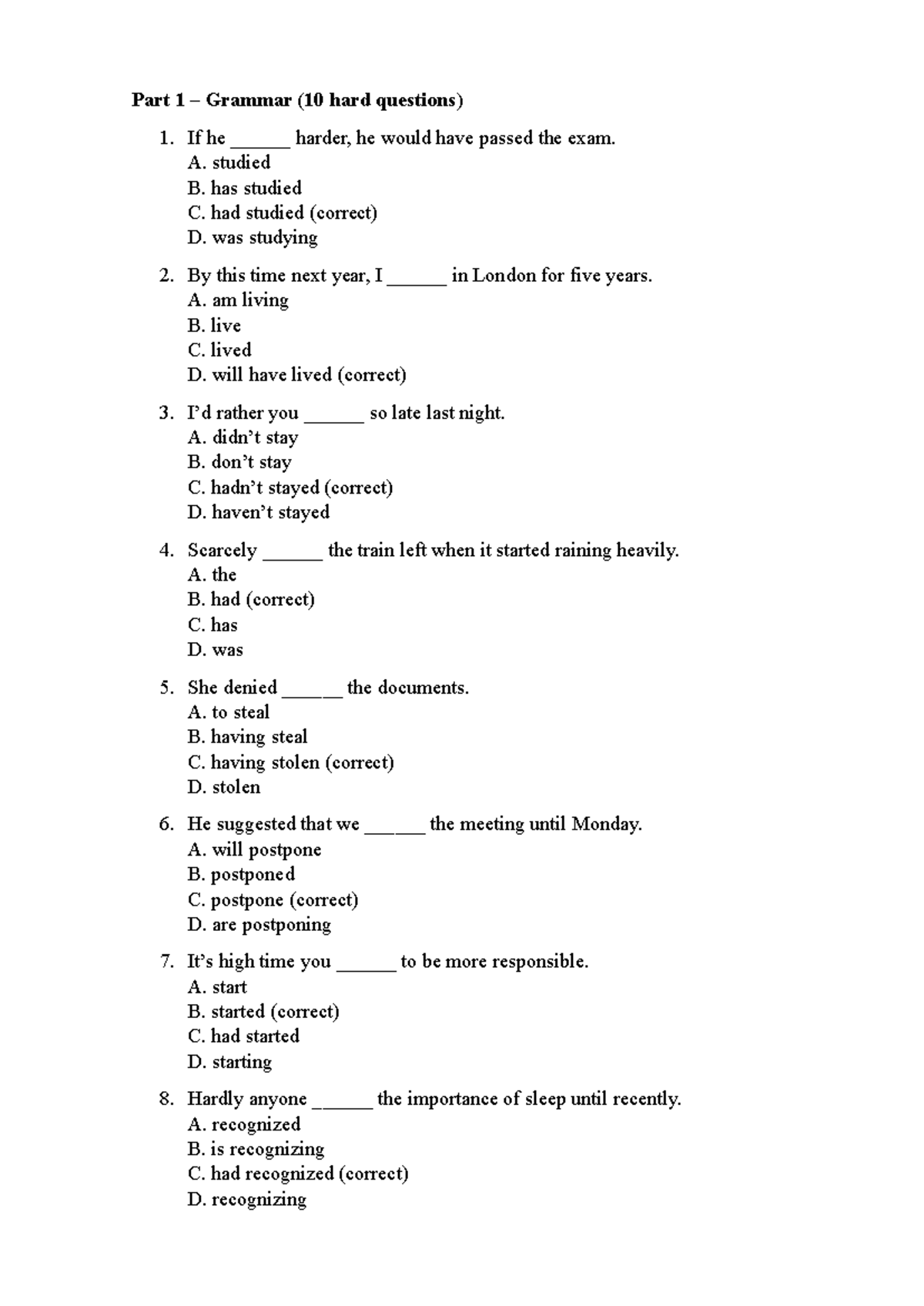 Grammar Practice Questions (Part 1) - 10 Hard Questions - Studocu