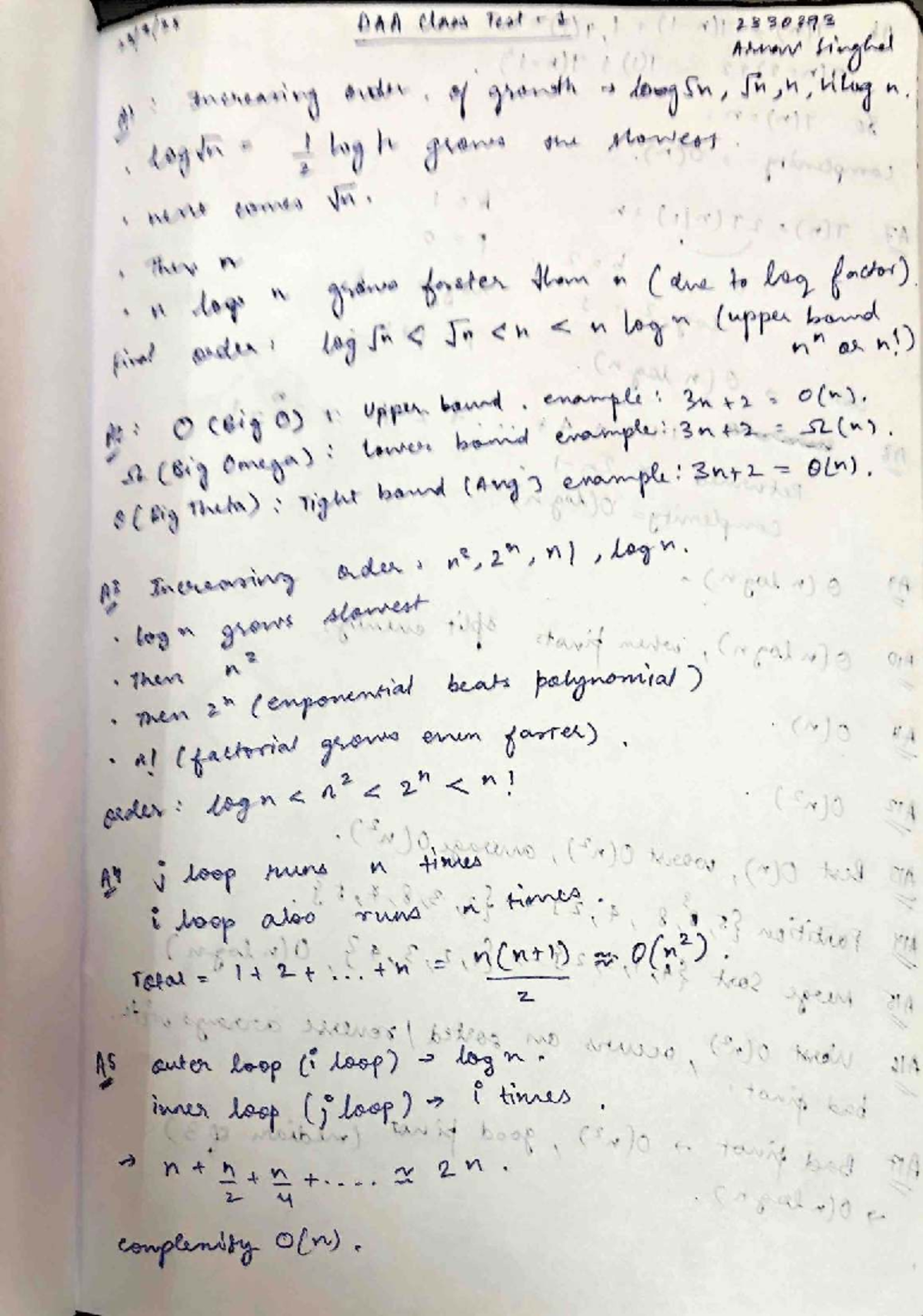 DAA Class Test 1 - 2330293 Study Notes - Studocu
