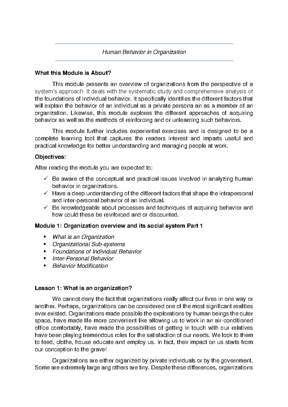 Module 1 - Lecture Notes on Human Behavior in Organizations - Studocu