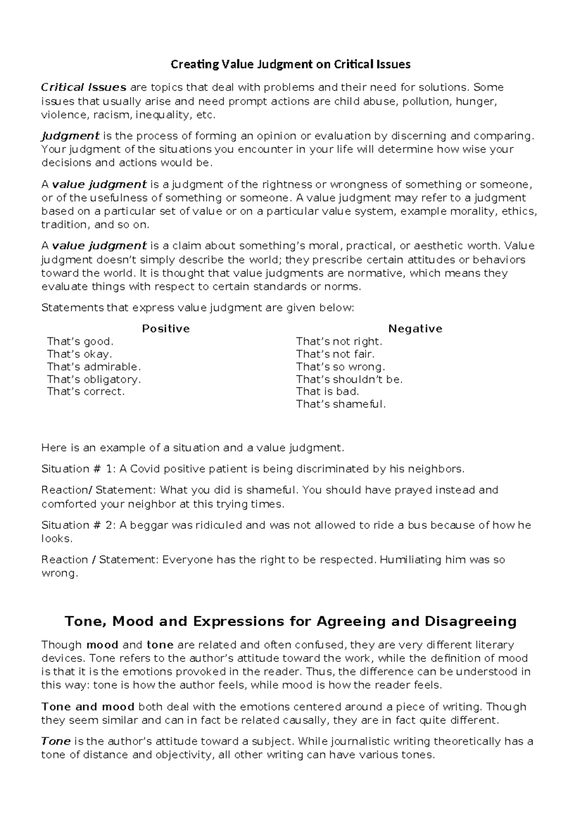 Creating value judgments on critical social issues (Module 3) - Studocu