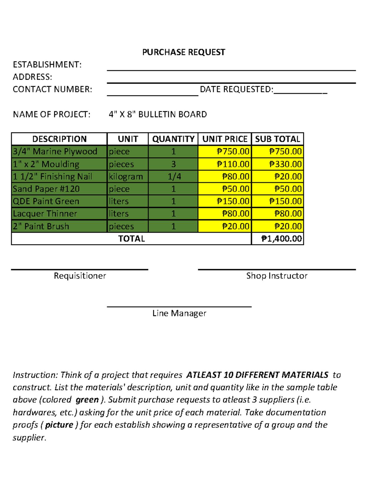 Purchase Requisition - ESTABLISHMENT: ADDRESS: CONTACT NUMBER: DATE ...