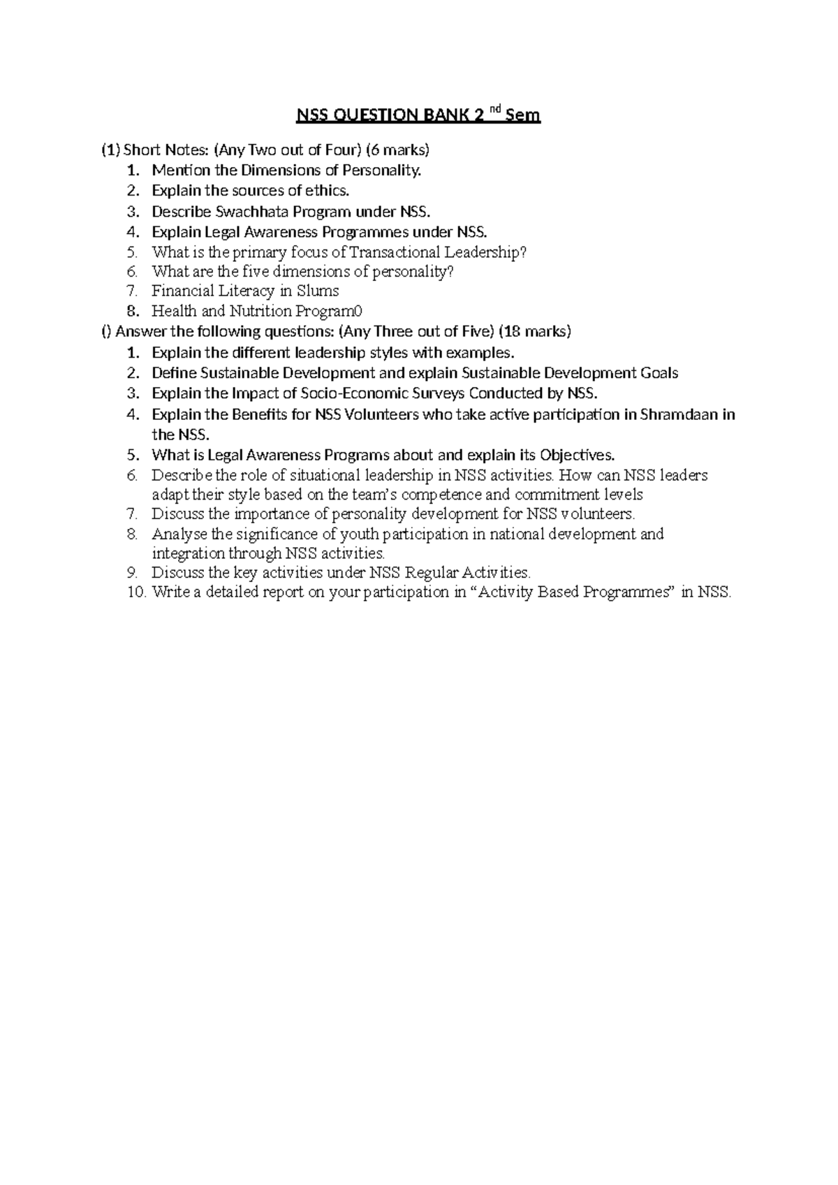 NSS 2nd Sem Question Bank: Short Notes & Key Topics for Exam Prep - Studocu