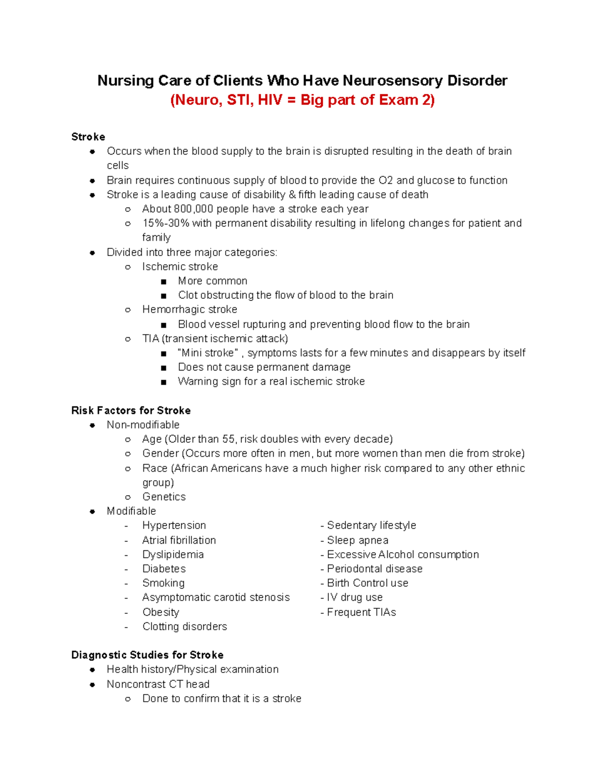 Med Surg 2 Week 8 - Comprehensive Notes on Stroke Management - Studocu