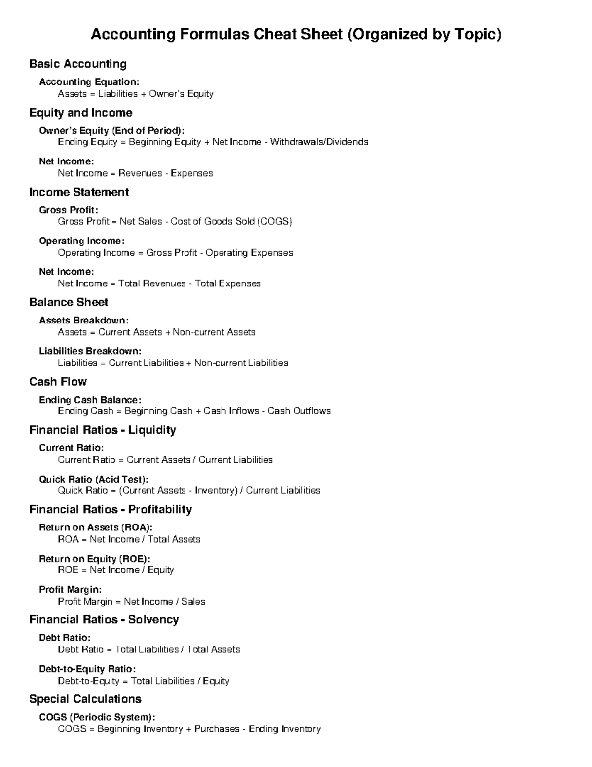 ACC 101: Accounting Formulas Cheat Sheet (Organized Topics) - Studocu