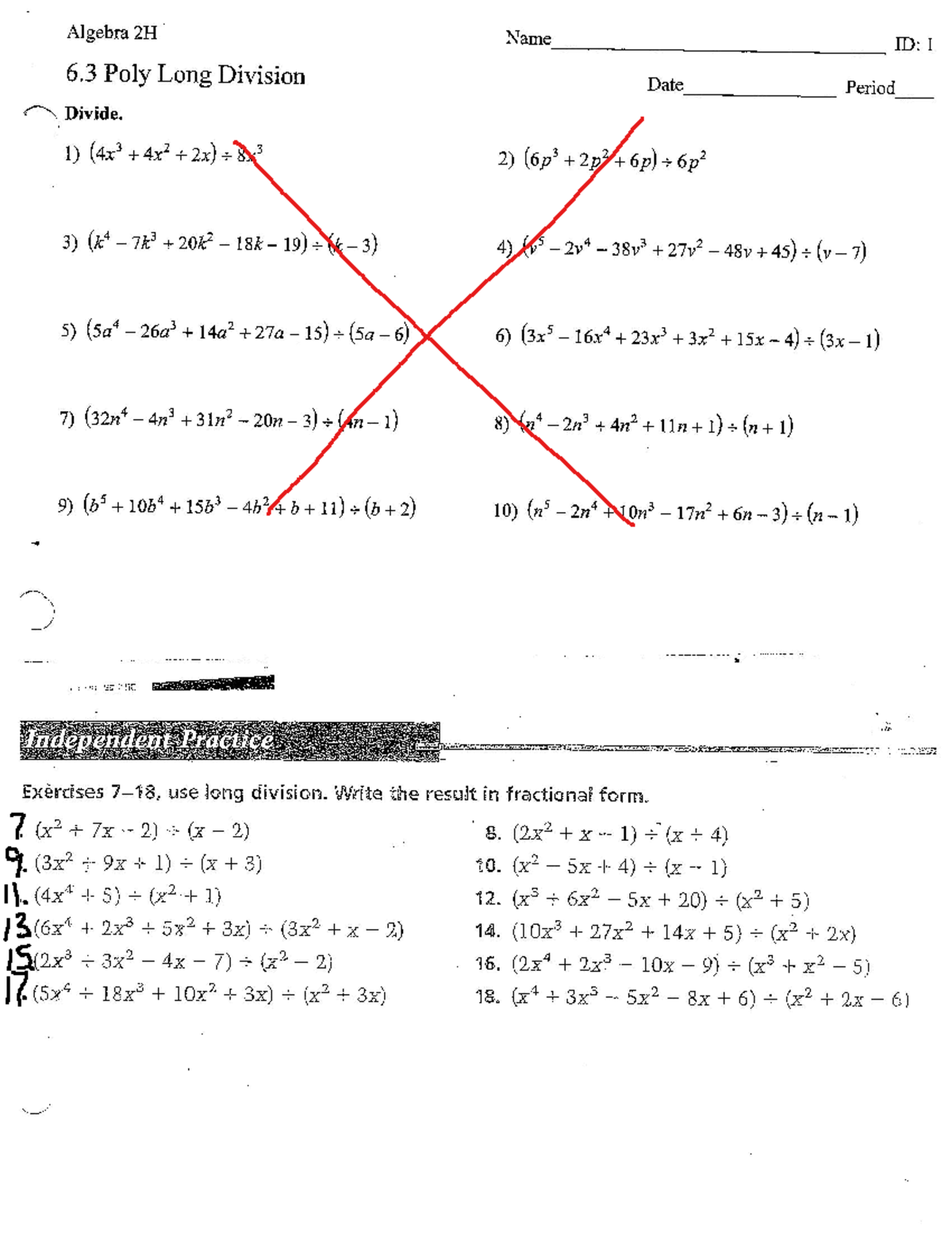 4.3 Long Division HW - Answer key is posted - Algebra 2H Name ID: 1 6 ...