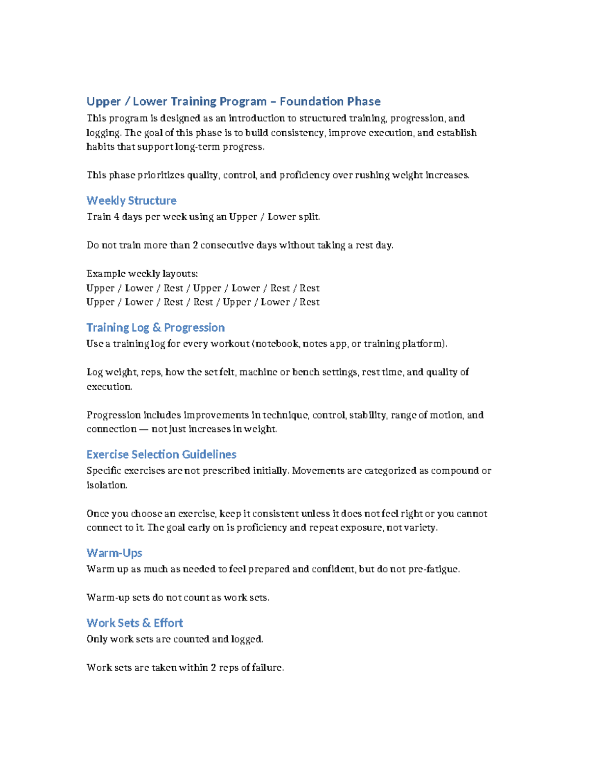 Upper Lower Training Program: Foundation Phase Guide - Studocu