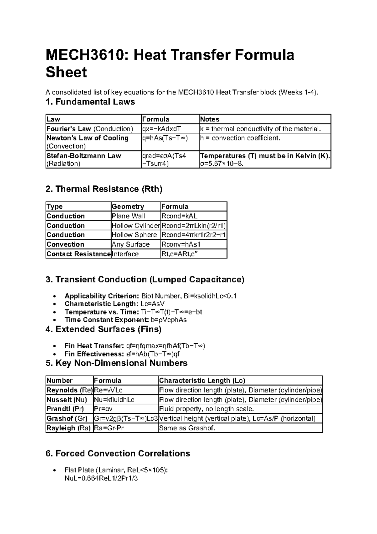 MECH3610: Heat Transfer Equations (Weeks 1-4) - Studocu