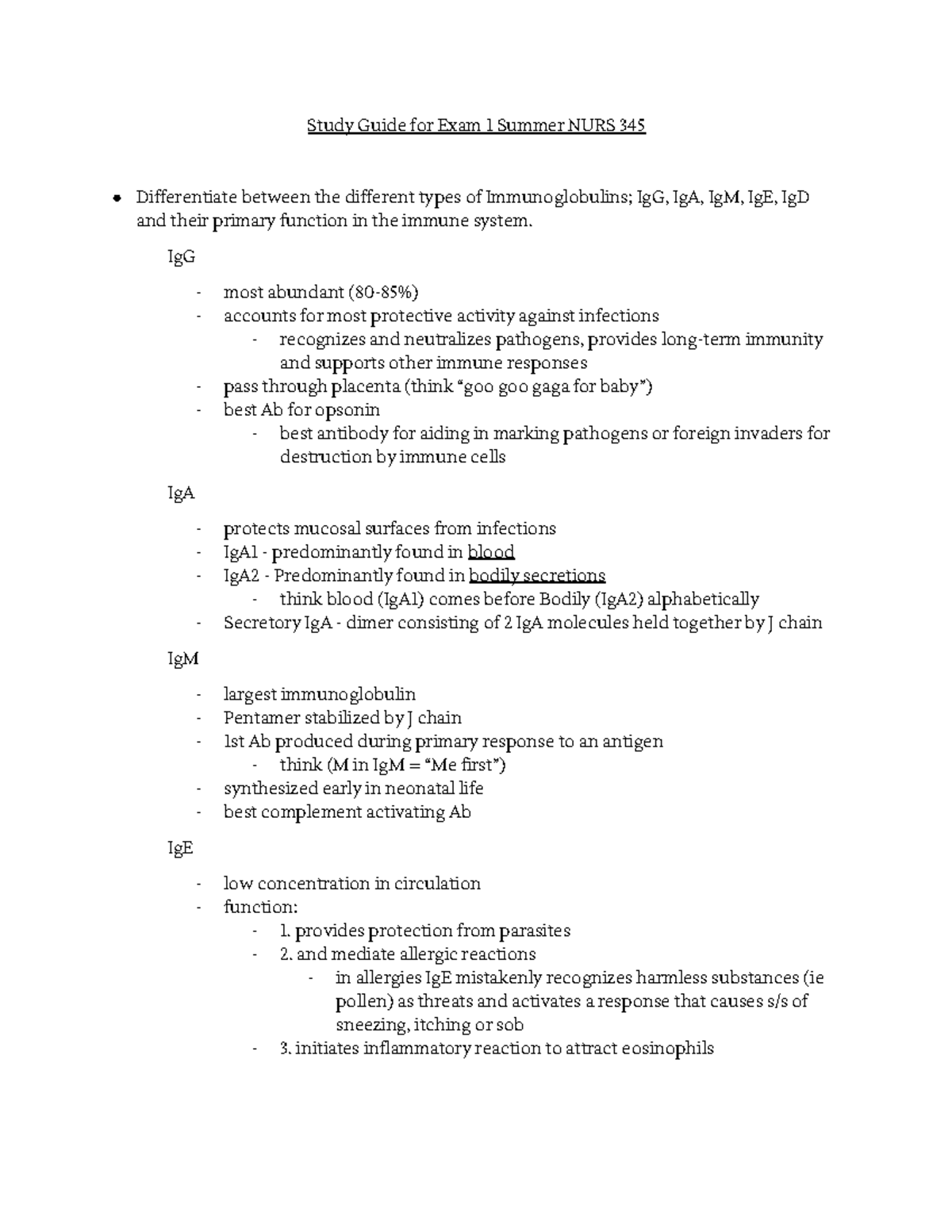Studoc Study Guide for Exam 1 Summer NURS 345 - Study Guide for Exam 1 ...