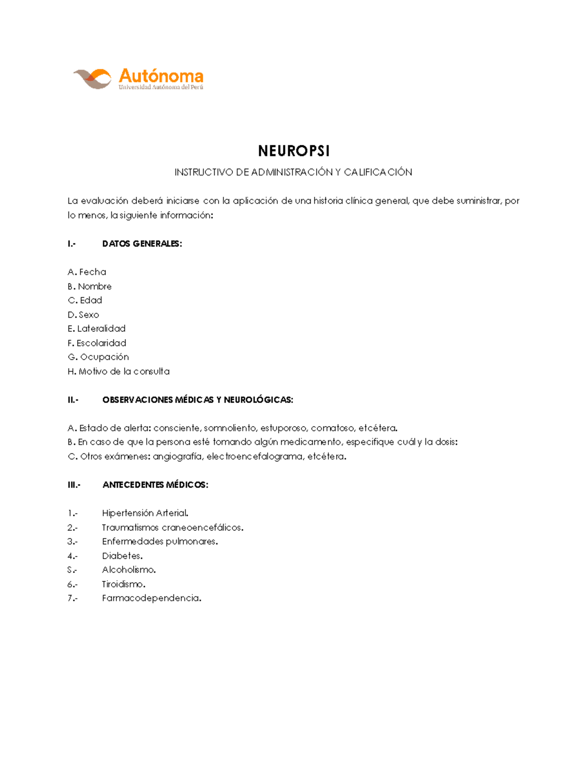 Neuropsi Completo VCFC - NEUROPSI INSTRUCTIVO DE ADMINISTRACIÓN Y ...