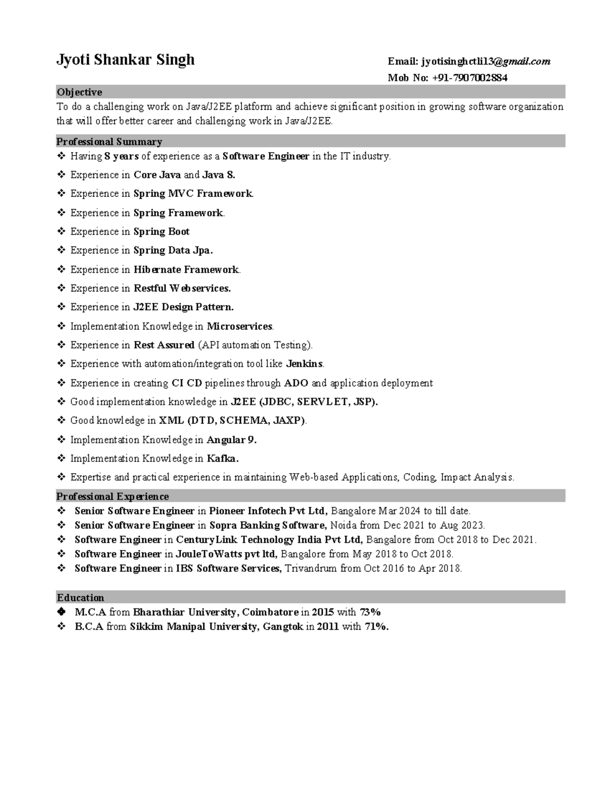 Jyoti Shankar Singh - Software Engineer Resume (8 Yrs Experience) - Studocu