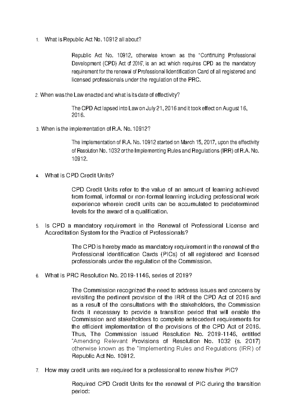 CPD-FAQs-2020: A Guide to Republic Act No. 10912 Requirements - Studocu