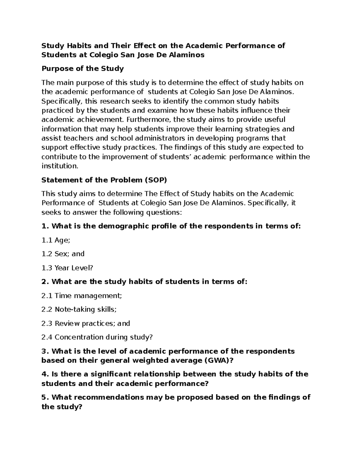Study Habits & Academic Performance: A Study at Colegio San Jose De ...