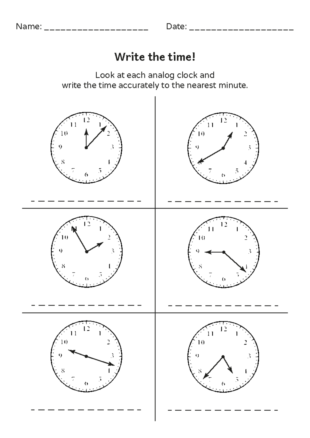 Telling Time to the Nearest Minute - 3rd Grade Worksheet - Name ...