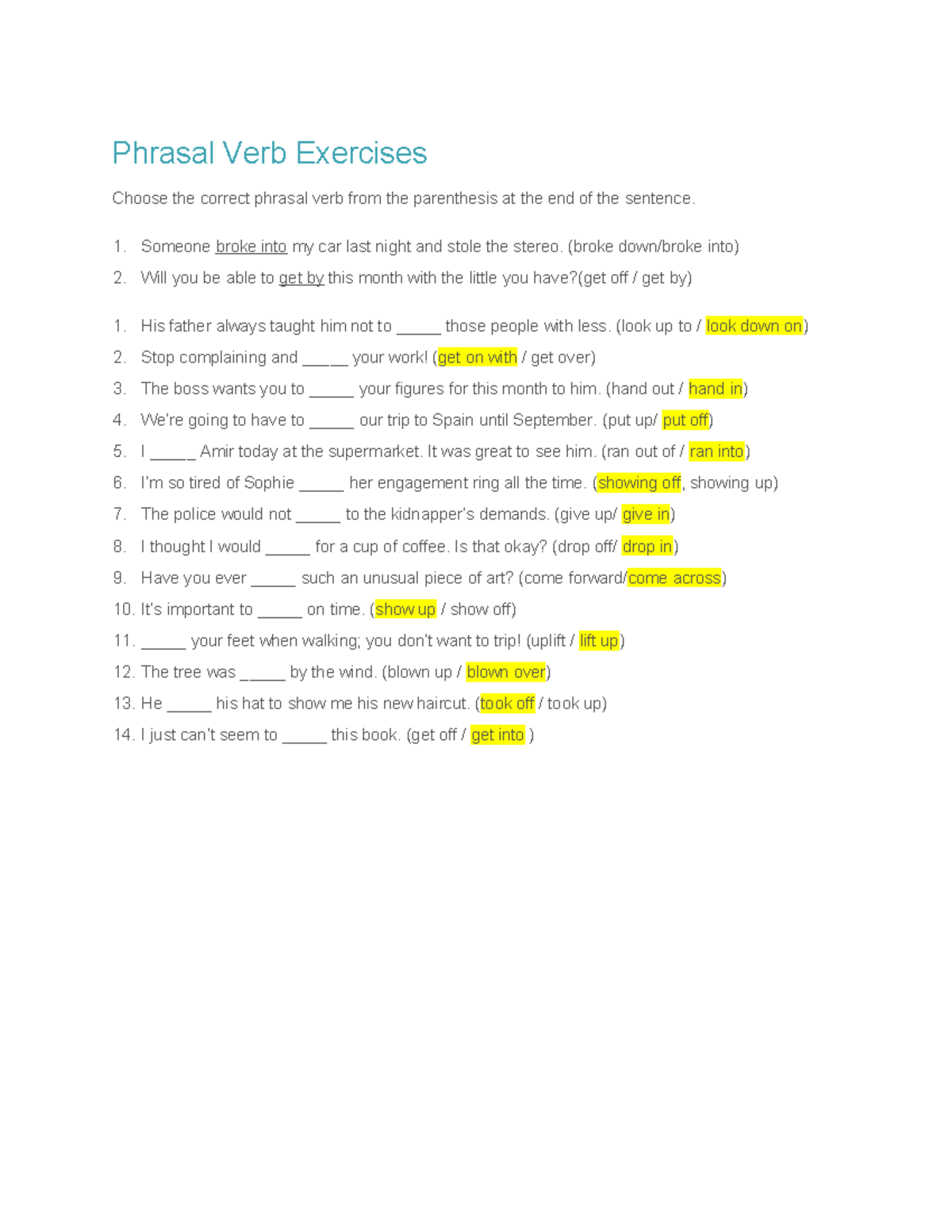 367737044 Phrasal Verb Exercise Answers and Explanations - Studocu