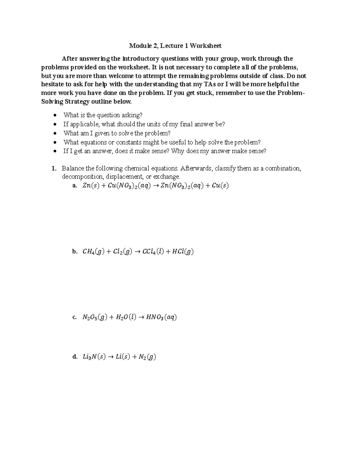 Module 2: Lecture 1 Worksheet - Balancing Chemical Equations - Studocu