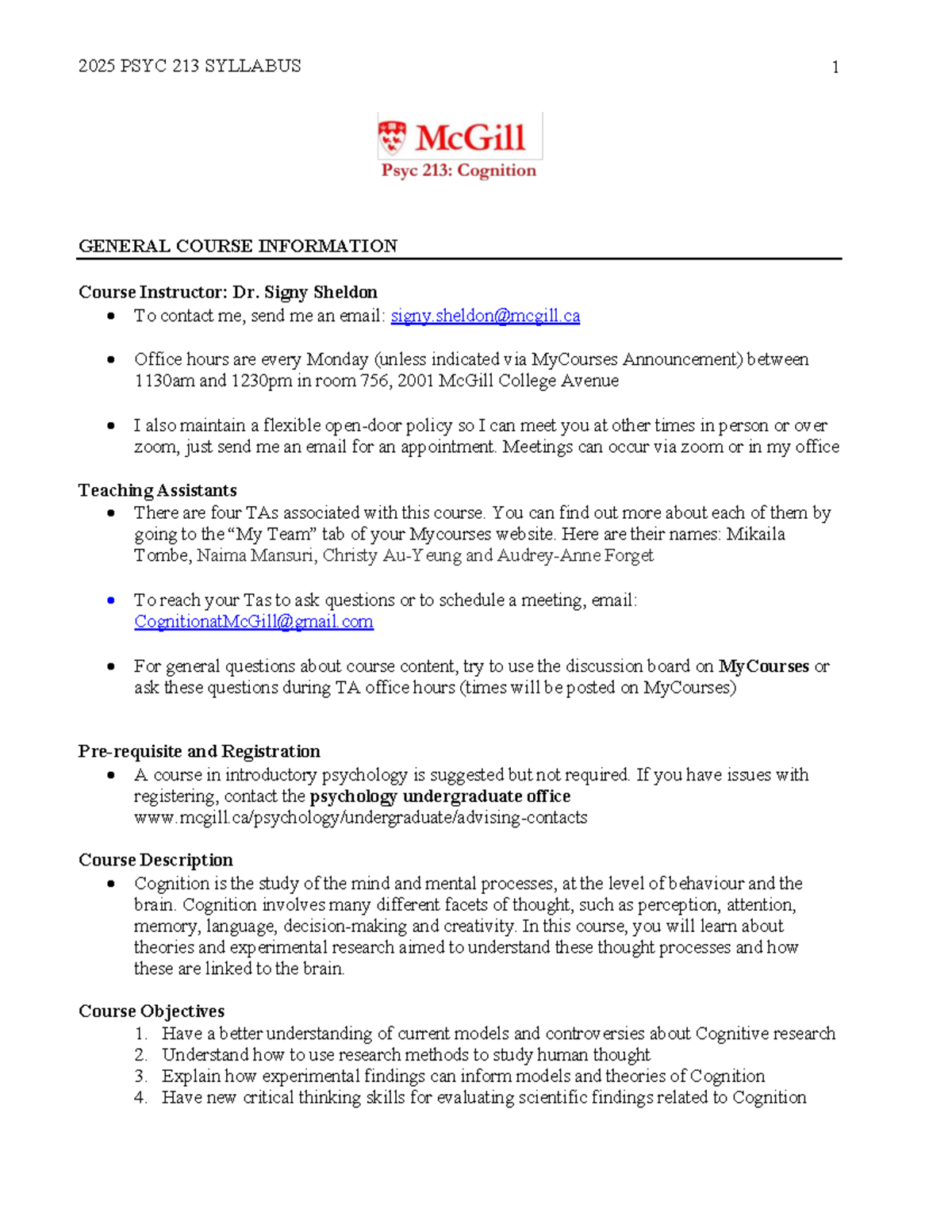 PSYC 213 Syllabus: Cognitive Psychology Course Overview for Winter 2025 ...