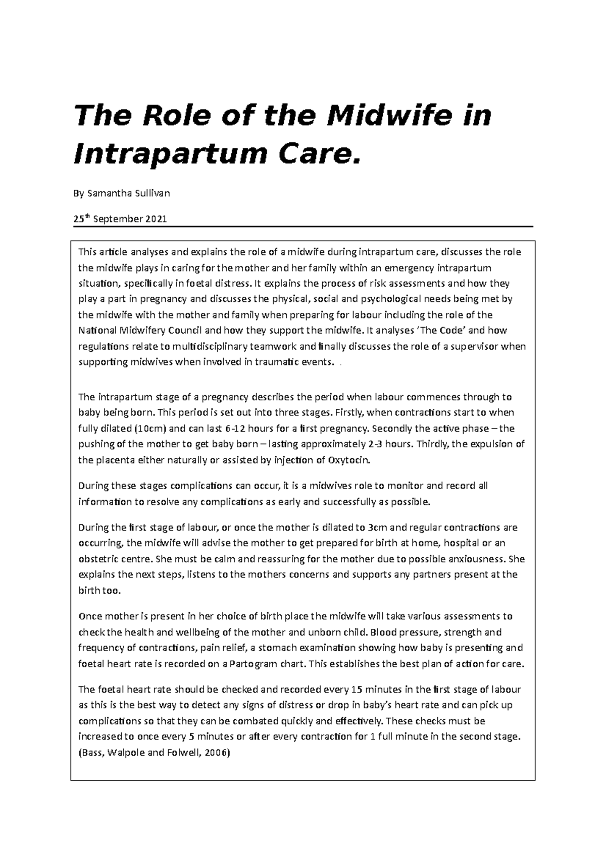 The Role of the Midwife in Intrapartum Care (NMC Standards) - Studocu