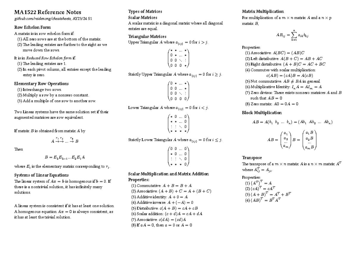 MA1522 Final Exam Cheat Sheet: Essential Reference Notes - Studocu