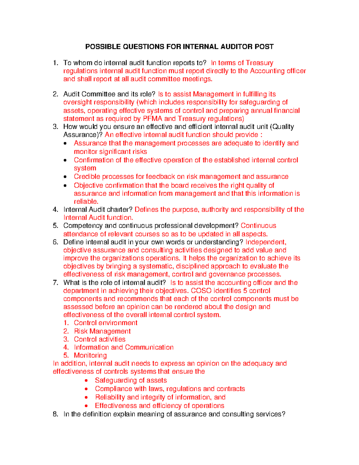 Questions for internal audit - POSSIBLE QUESTIONS FOR INTERNAL AUDITOR ...