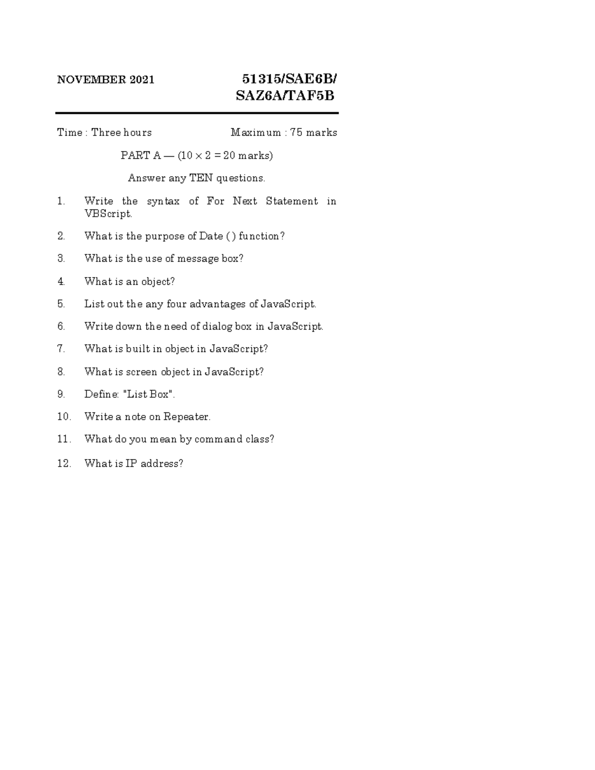 NOV-2021 SAE6B - VBScript & JavaScript Question Paper - Studocu