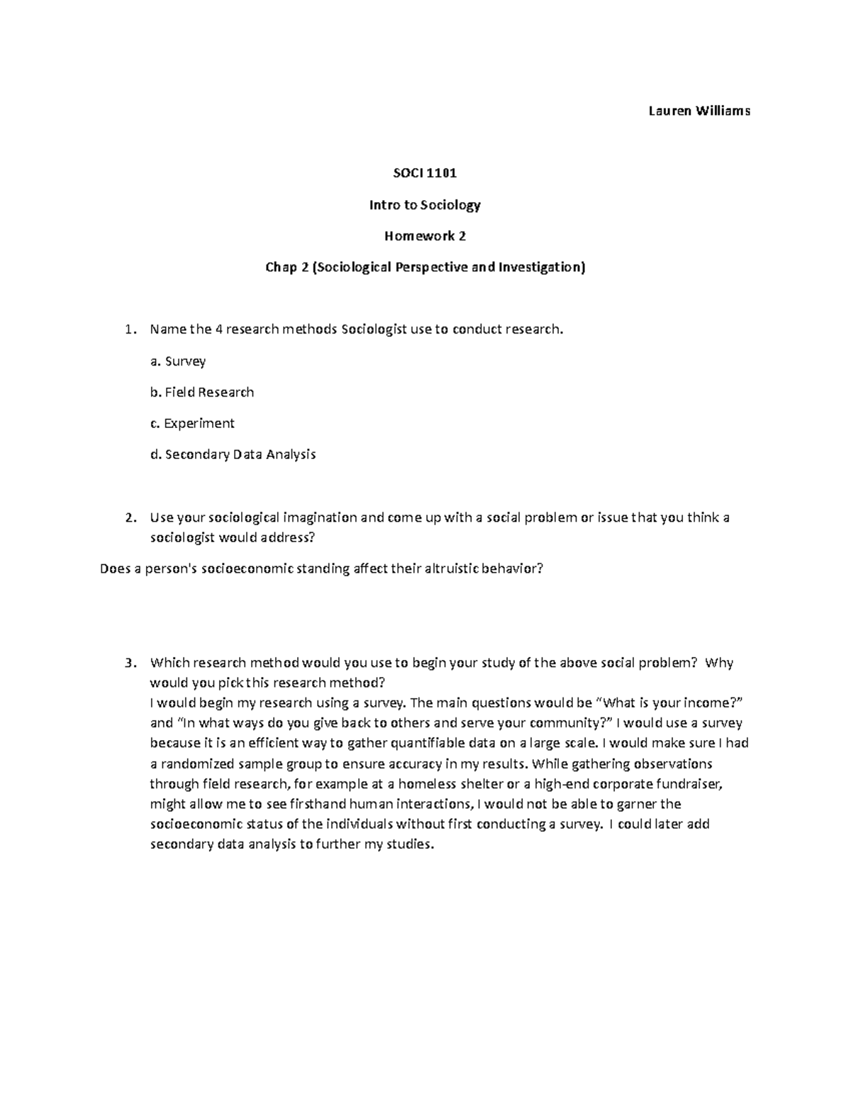 Chap 2 HW - Chap 2 HW - Lauren Williams SOCI 1101 Intro to Sociology ...