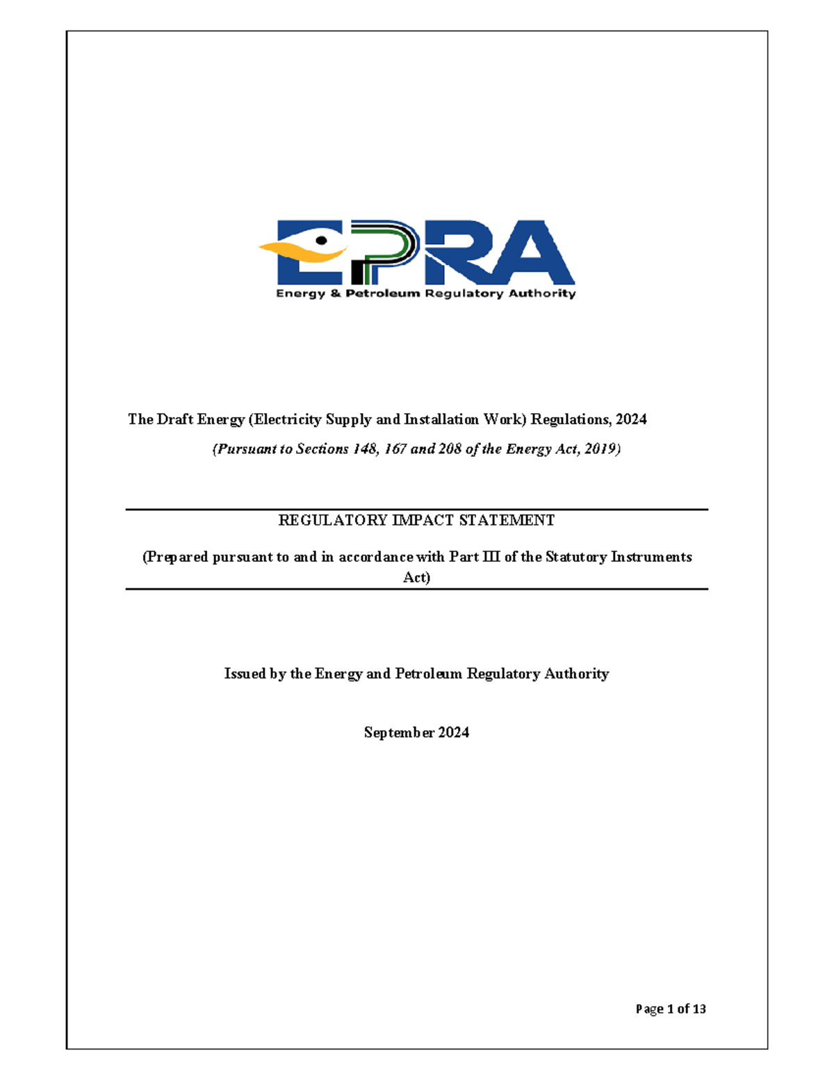 Regulatory Impact Statement: Draft Energy (Electricity Supply ...