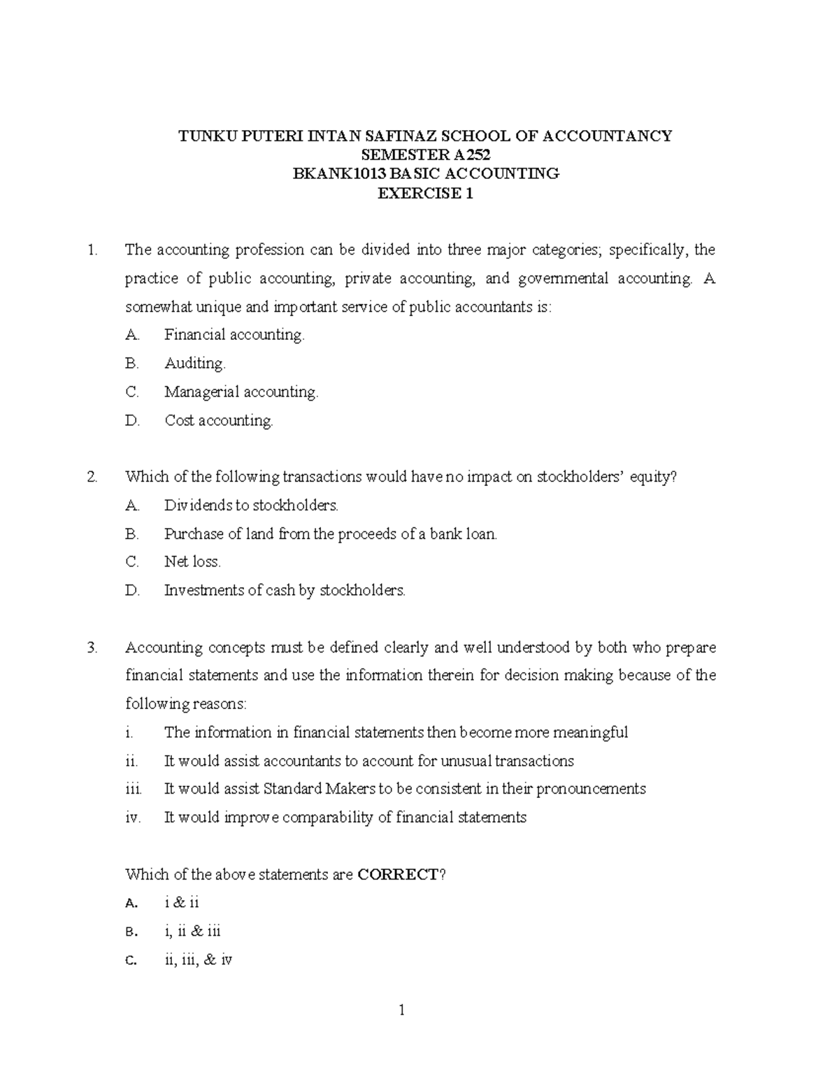 BKANK1013 Basic Accounting Exercise 1: Key Concepts & Transactions ...