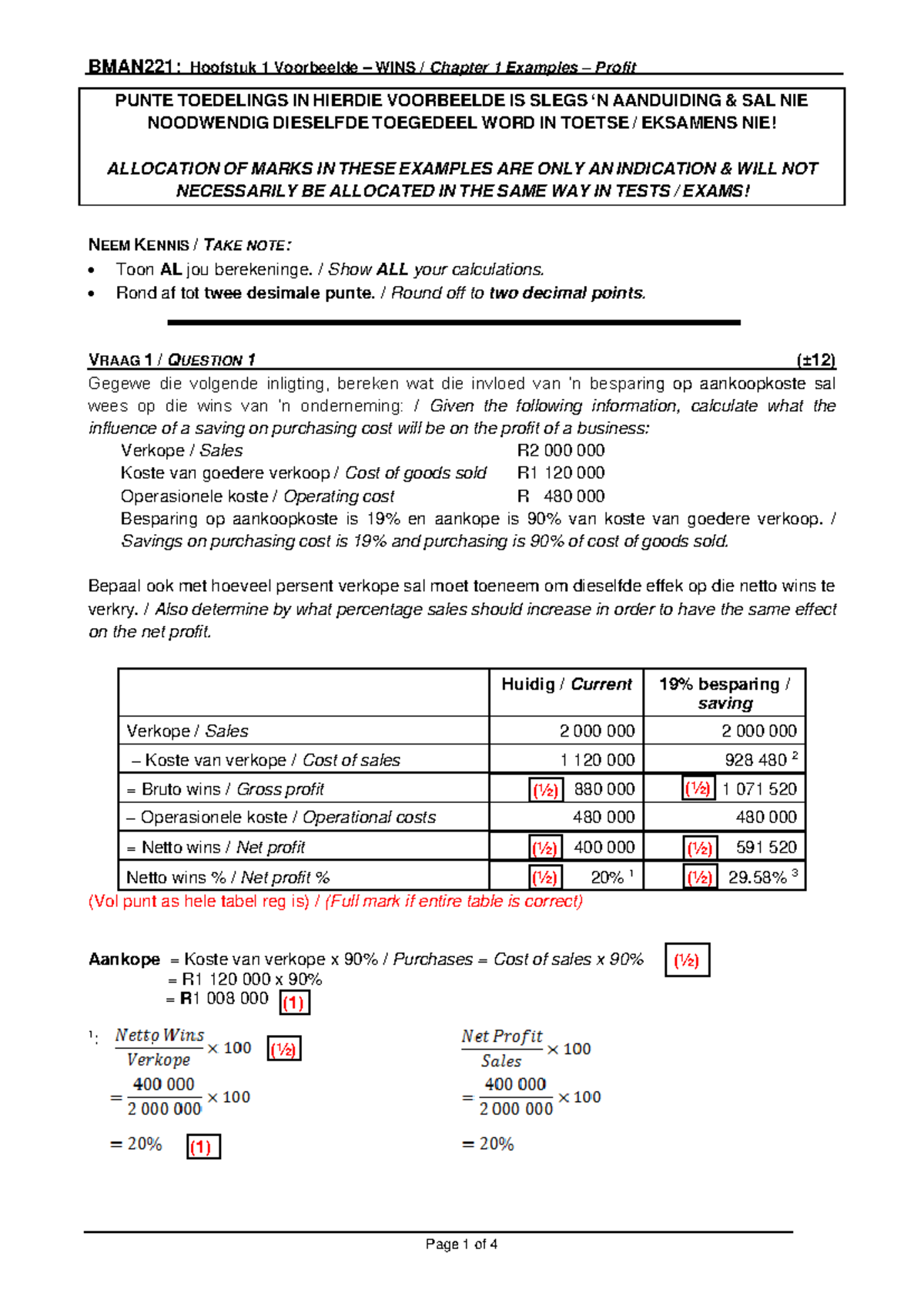 BMAN221: Hoofstuk 1 Voorbeelde – WINS / Chapter 1 Profit Examples - Studocu