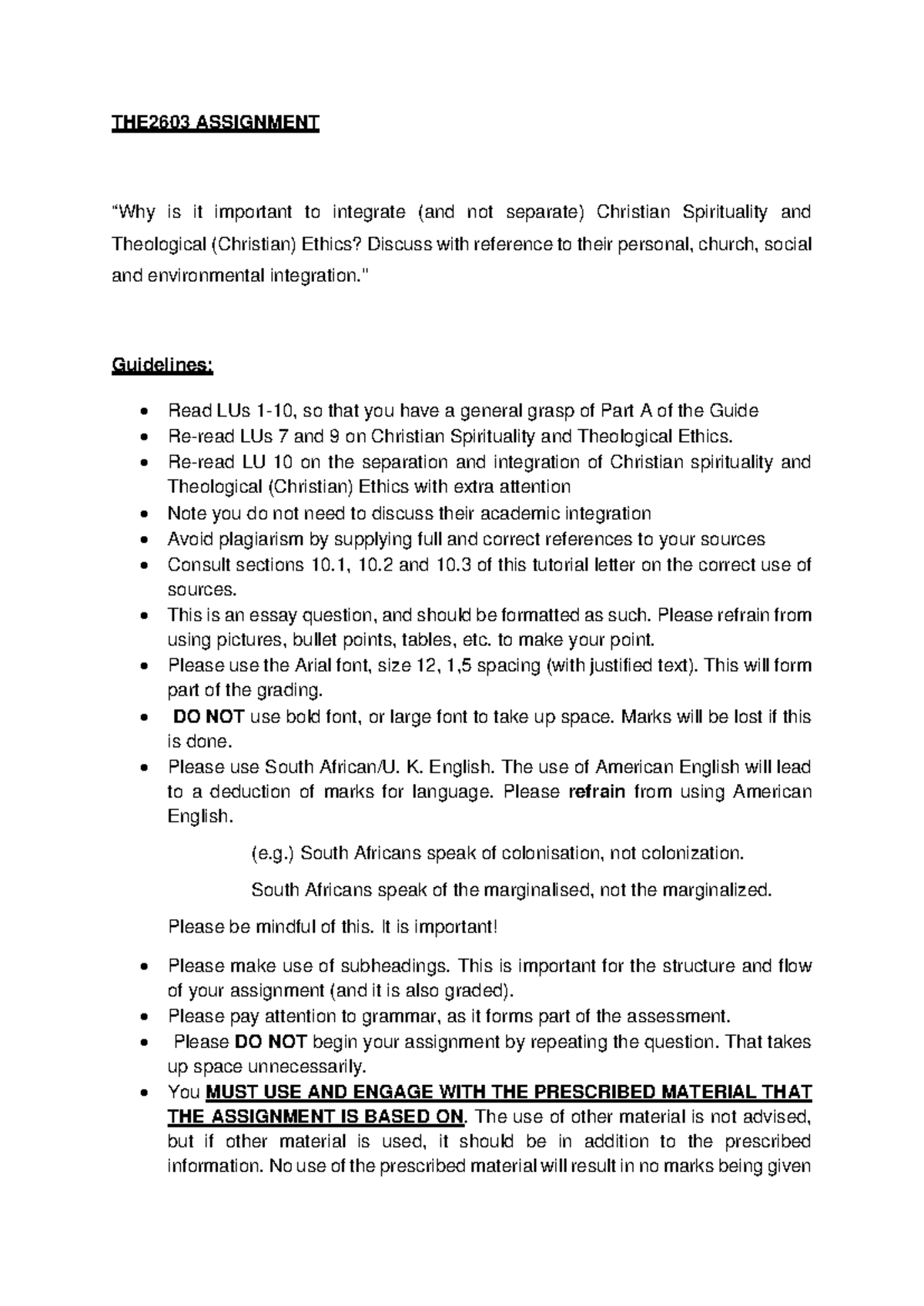 THE2603 Essay Assignment - Integration of Christian Spirituality and ...