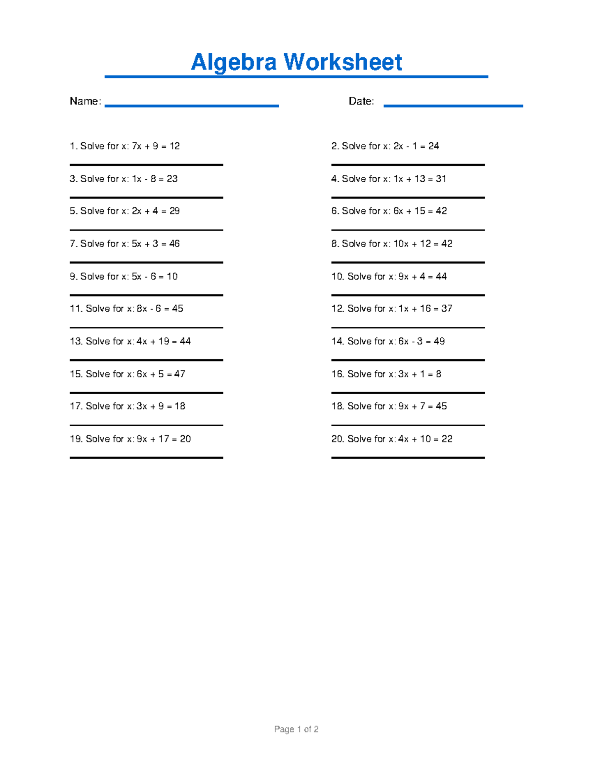 Algebra Worksheet 5: Solve for x and Word Problems - Studocu