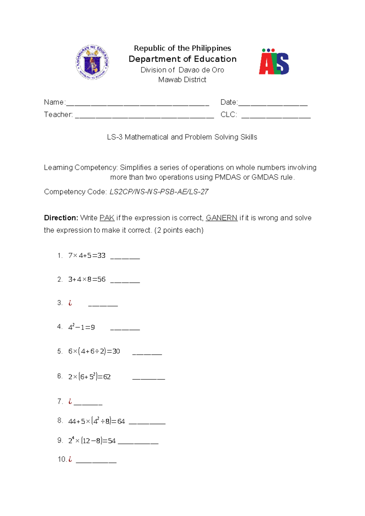 LS-3 MATH Activity 1: Problem Solving & Order of Operations - Studocu