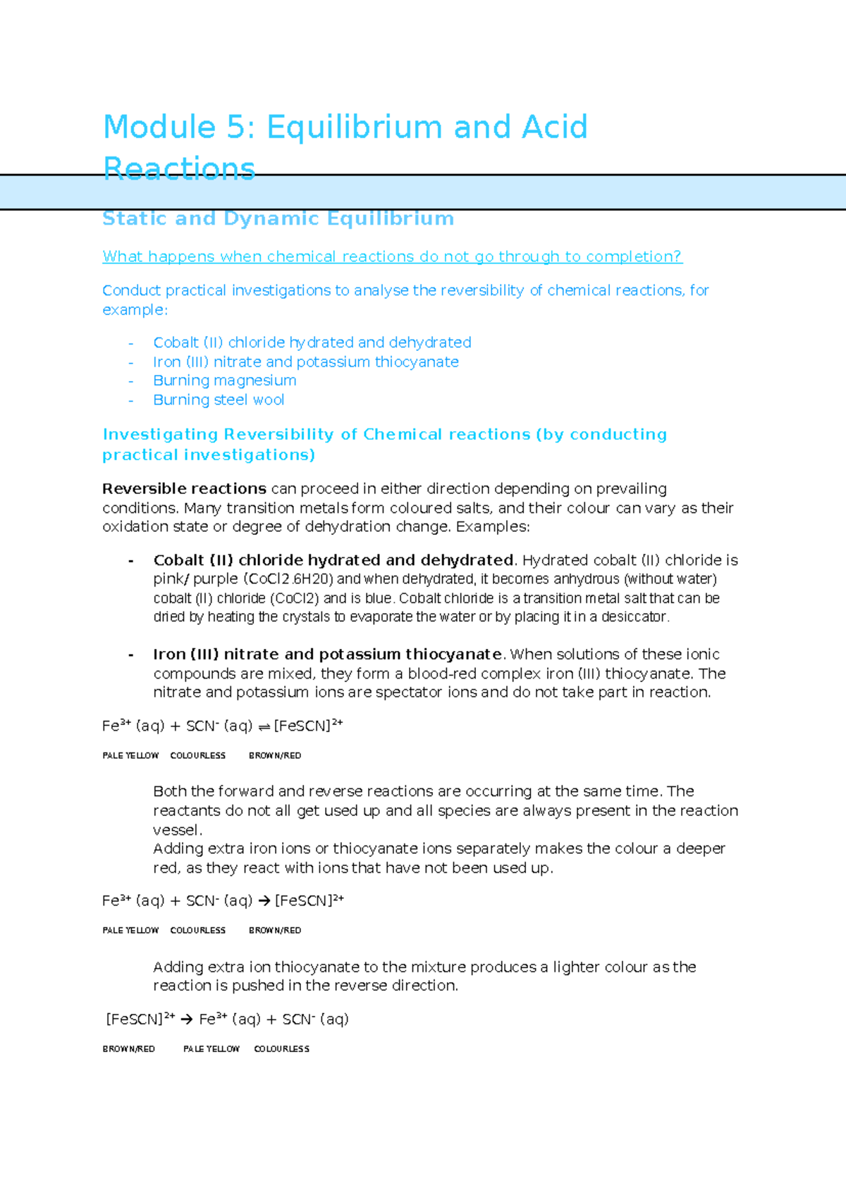Chem Mod 5 - Chemistry Module 5 notes - Module 5: Equilibrium and Acid ...
