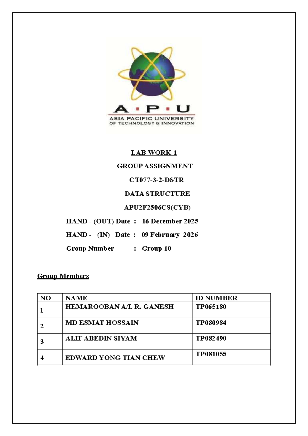 LAB WORK 1: GROUP ASSIGNMENT ON DATA STRUCTURE APU2F2506CS(CYB) - Studocu