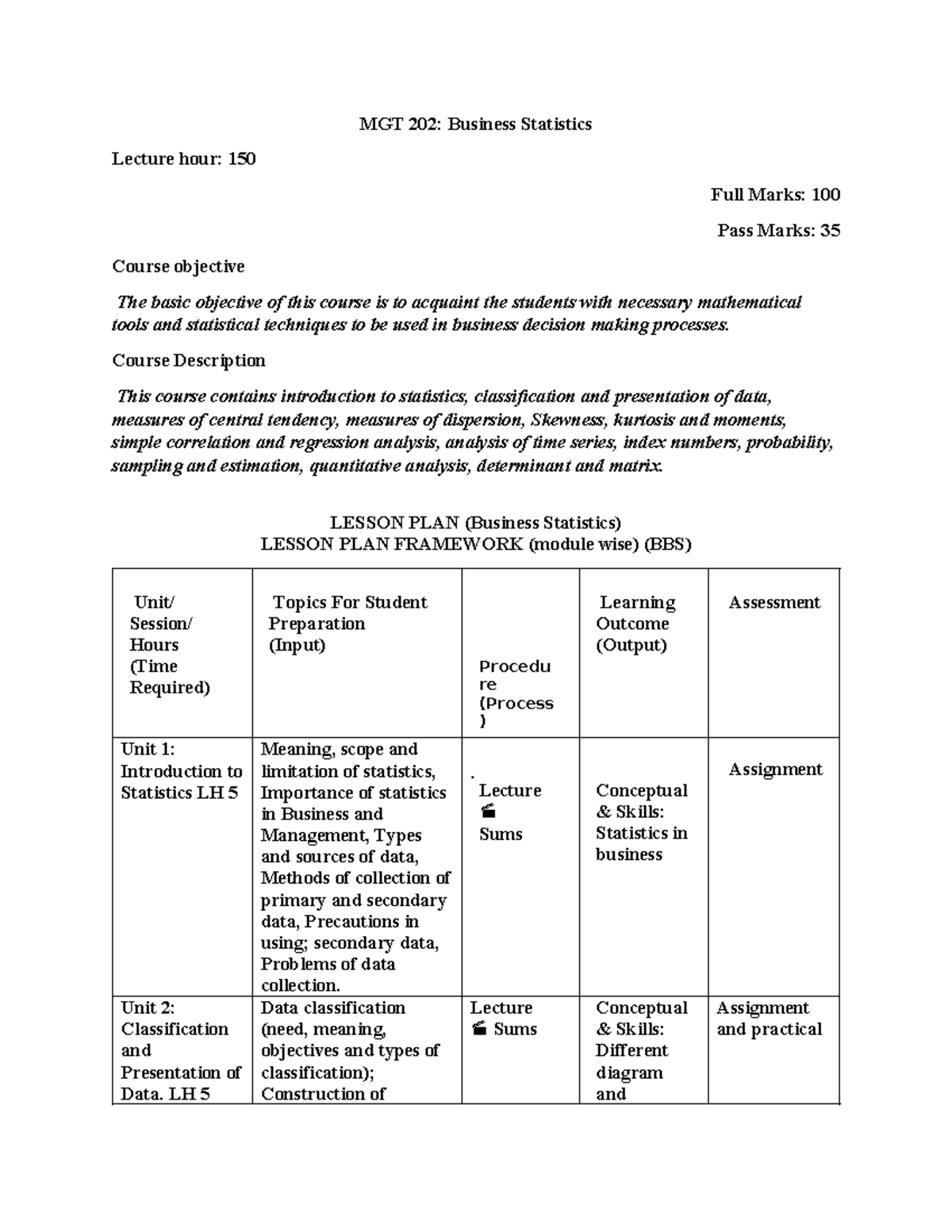 MGT 202: Business Statistics Detailed Lecture Plan and Objectives - Studocu