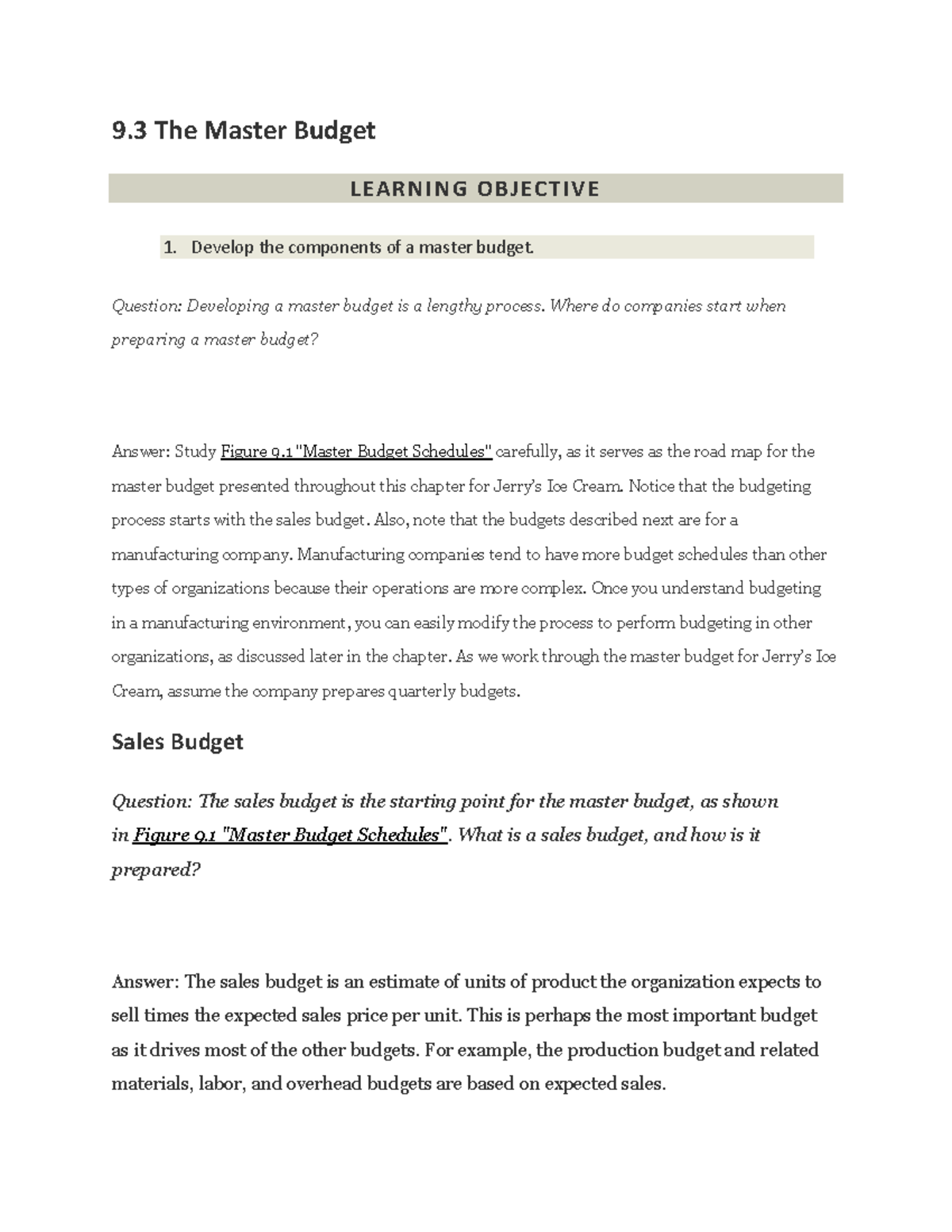Module master-budget - Notes on master budget - 9 The Master Budget ...