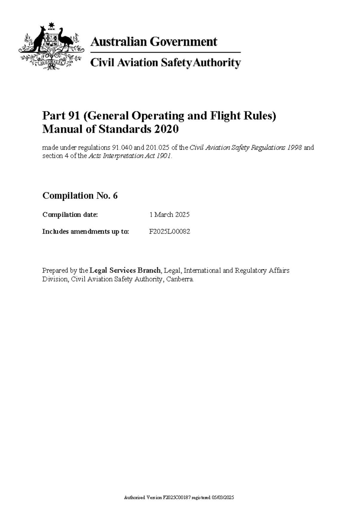 Part 91 MOS: General Operating & Flight Rules Manual 2020 - Studocu