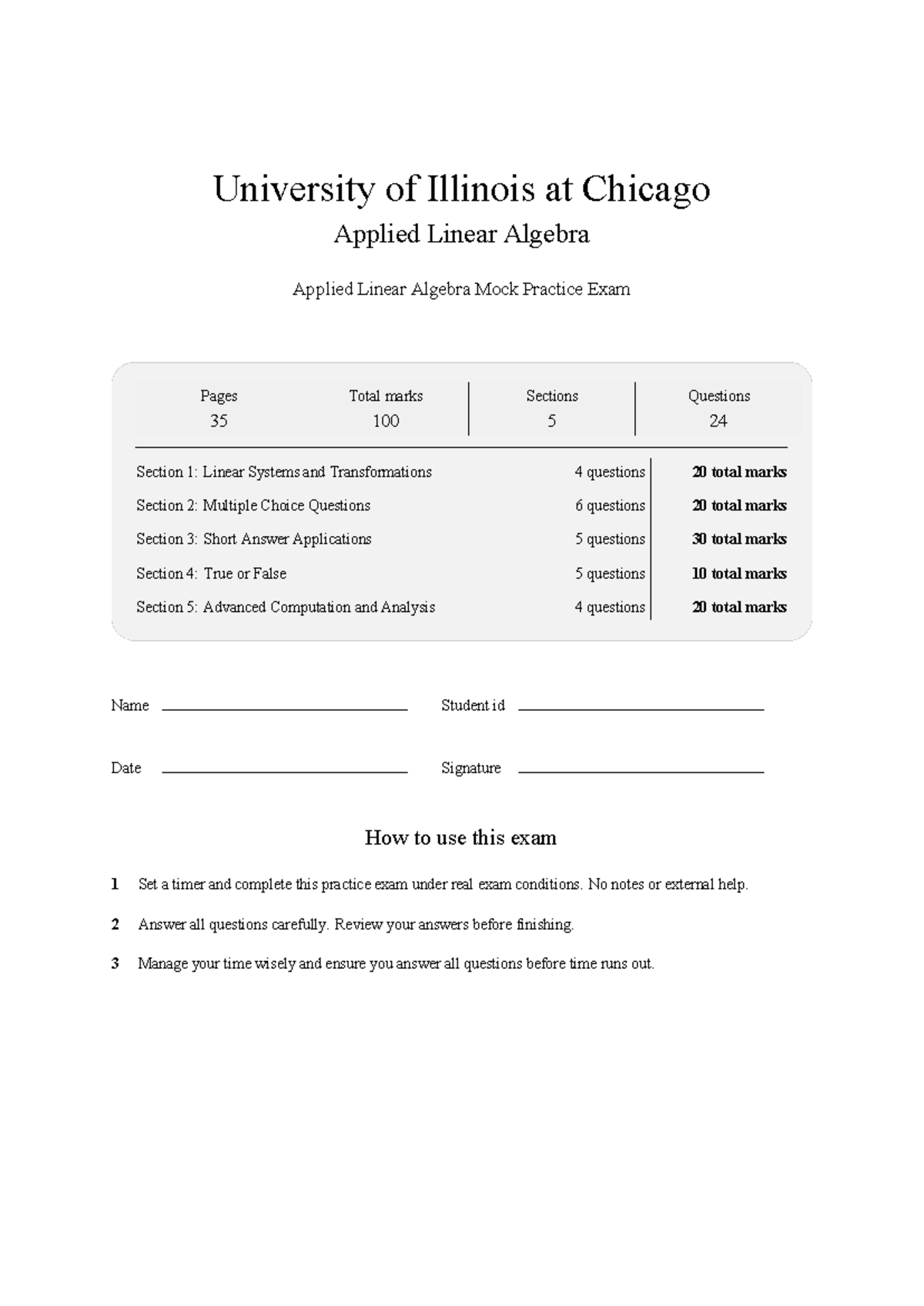 MATH 310 Applied Linear Algebra UIC Mock Practice Exam 2026 - Studocu