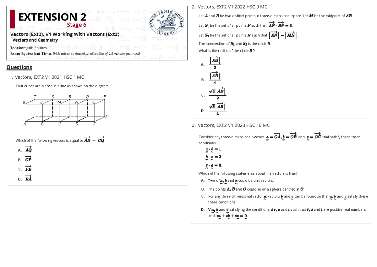 Past HSC Questions on Vectors and Geometry (EXT2 V1) - Studocu