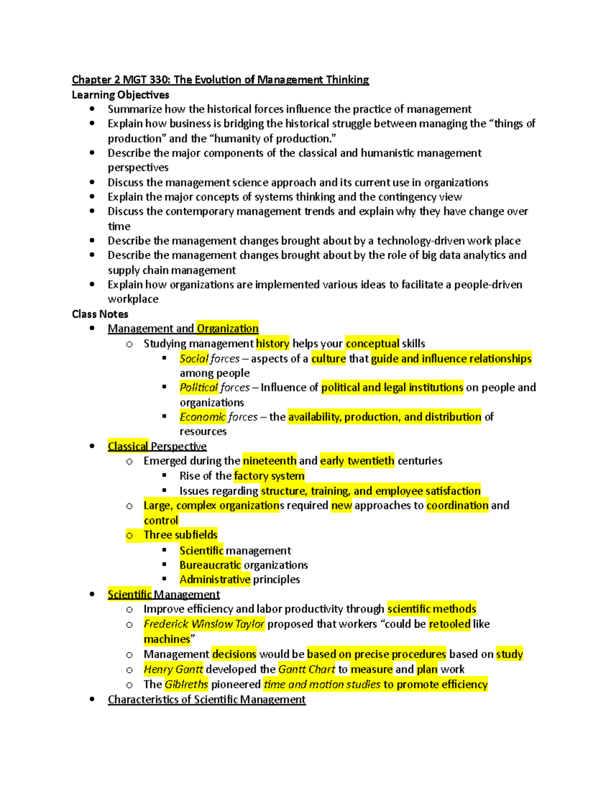 MGT 330 Chapter 2 Notes: Evolution of Management Thinking - Studocu