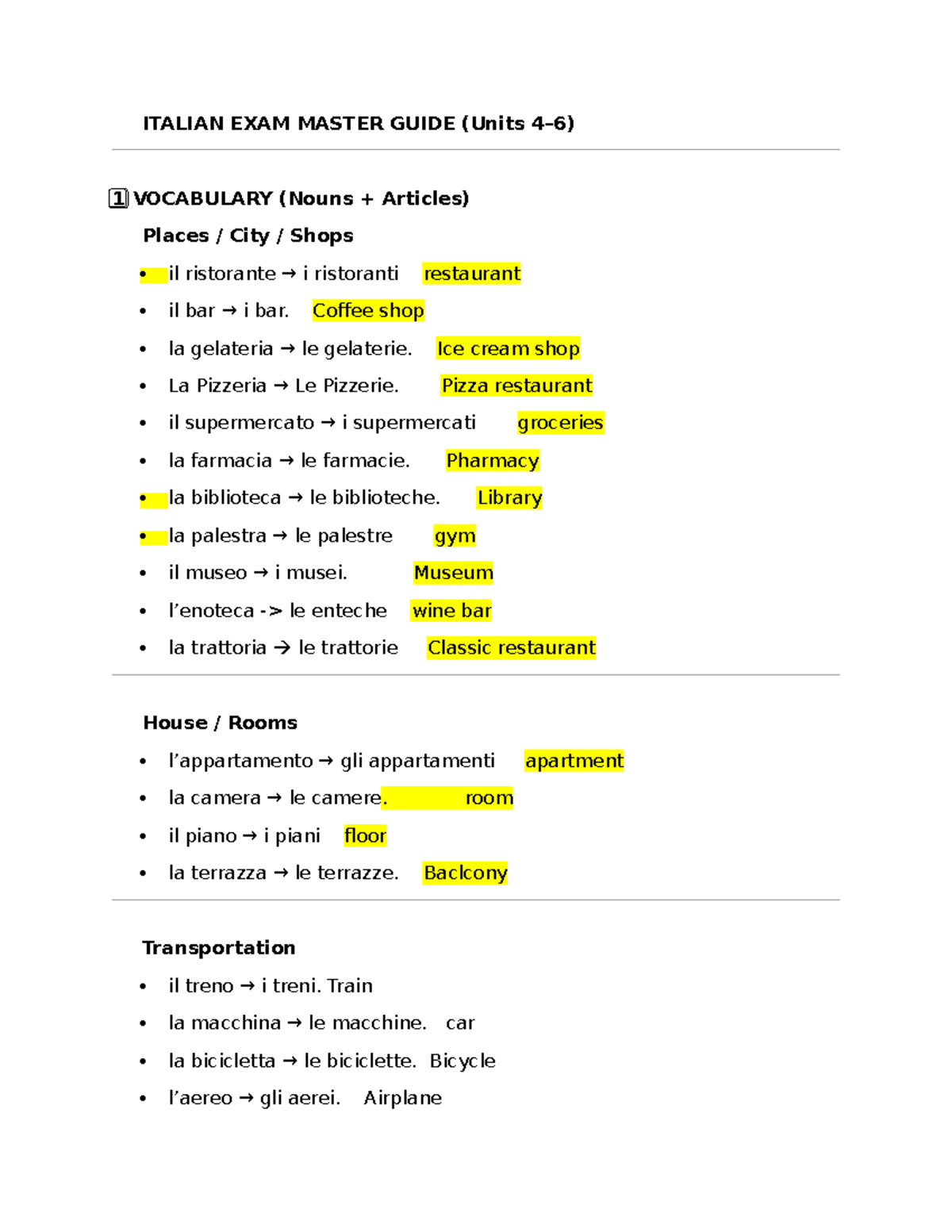 ITALIAN 101 MIDTERM #2 MASTER GUIDE: VOCABULARY & GRAMMAR - Studocu