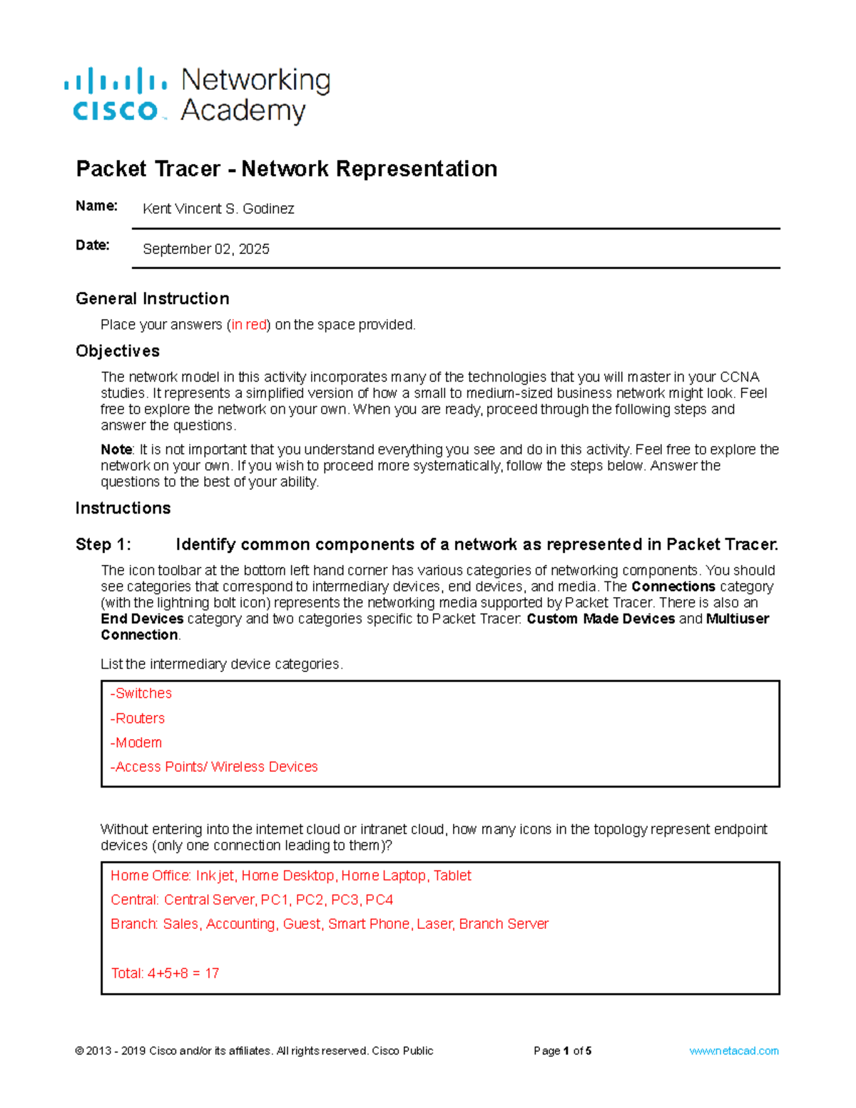 CCNA 1.5.7 Packet Tracer Activity - Network Representation Guide - Studocu