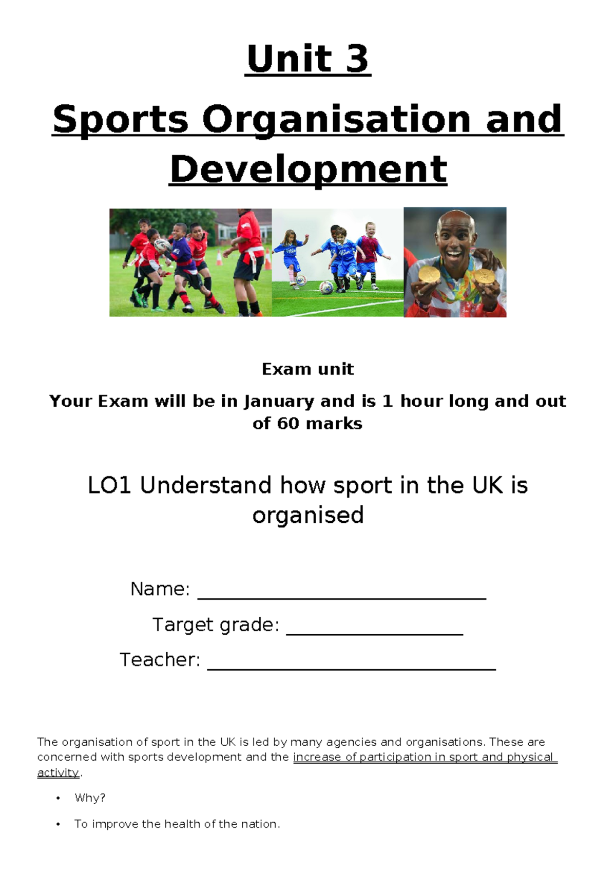 Unit 3 - Sports Organisation & Development Exam Workbook - Studocu